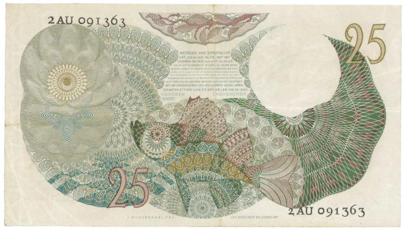 Nederland. 25 gulden. Bankbiljet. Type 1947. Flora - Zeer Fraai.