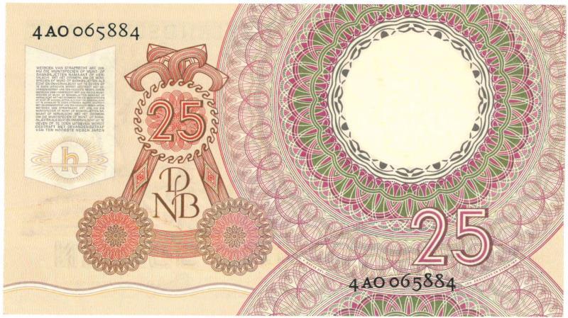 Nederland. 25 gulden. Bankbiljet. Type 1955. Huygens - Zeer Fraai / Prachtig.
