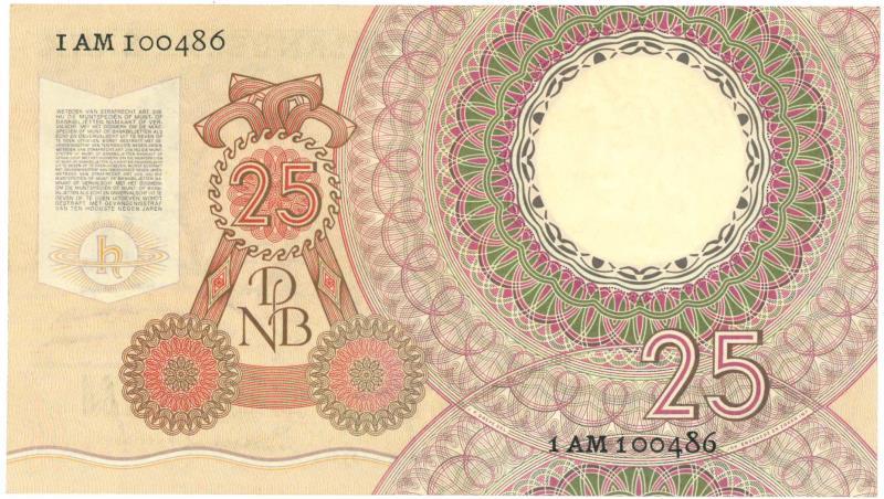 Nederland. 25 gulden. Bankbiljet. Type 1955. Huygens - Zeer Fraai / Prachtig.