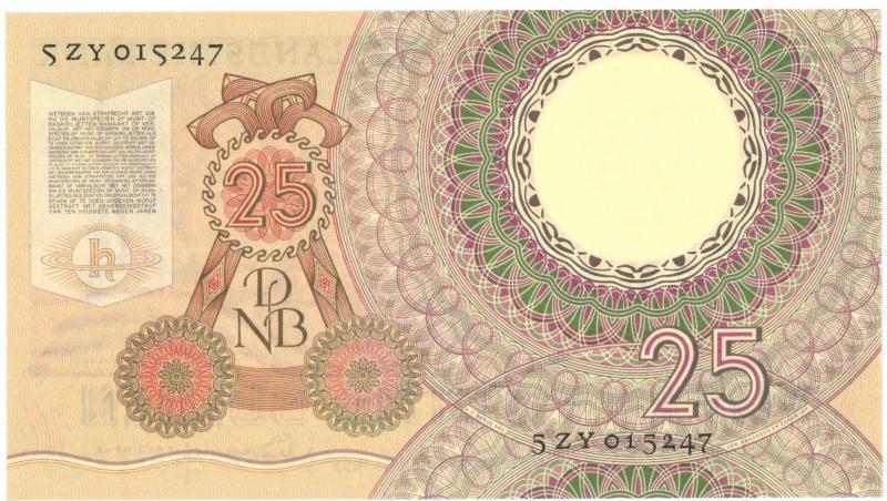 Nederland. 25 gulden. Bankbiljet. Type 1955. Huygens - Zeer Fraai +.