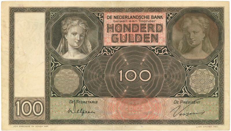 Nederland. 100 gulden. Bankbiljet. Type 1930. Luitspelende vrouw - Fraai -.