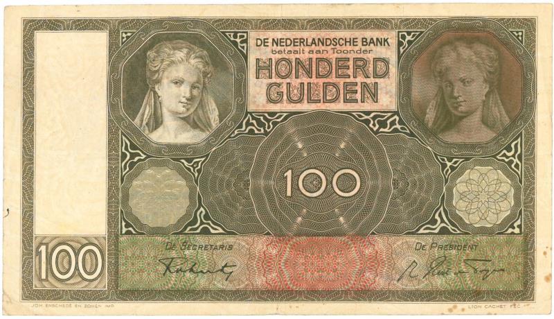 Nederland. 100 gulden. Bankbiljet. Type 1930. Luitspelende vrouw - Fraai.