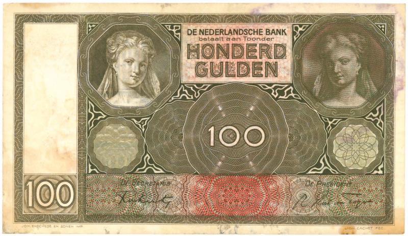 Nederland. 100 gulden. Bankbiljet. Type 1930. Luitspelende vrouw - Fraai.