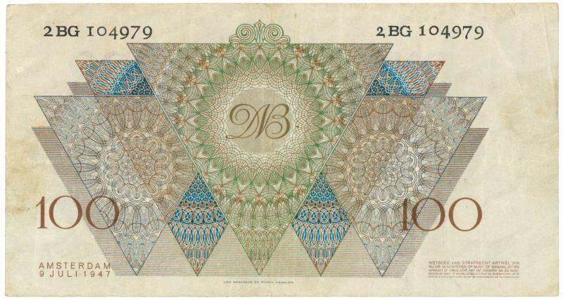 Nederland. 100 gulden. Bankbiljet. Type 1947. Meisjeskop - Fraai / Zeer Fraai.