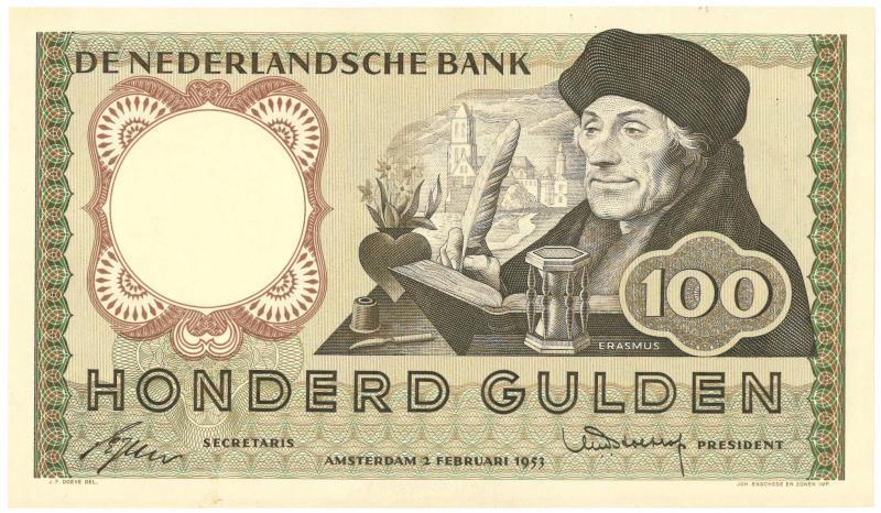 Nederland. 100 gulden. Bankbiljet. Type 1953. Erasmus - Nagenoeg UNC.