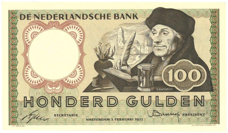 Nederland. 100 gulden. Bankbiljet. Type 1953. Erasmus - Prachtig.