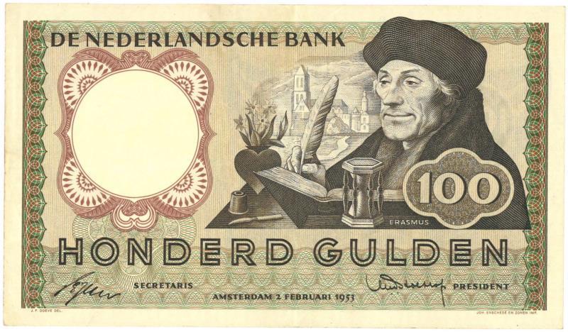 Nederland. 100 gulden. Bankbiljet. Type 1953. Erasmus - Zeer Fraai.
