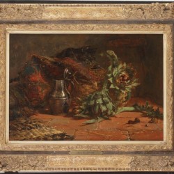 Maria Vos (Amsterdam 1824 - 1906 Oosterbeek, Renkum), Een kat loerend op een muizenpaar.