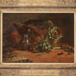 Maria Vos (Amsterdam 1824 - 1906 Oosterbeek, Renkum), Een kat loerend op een muizenpaar.