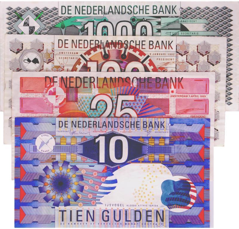 Nederland. 10/25/100/1000. Bankbiljet. Type 1989-1997. IJsvogel/Roodborstje/Steenuil/Kievit - Zeer Fraai +.