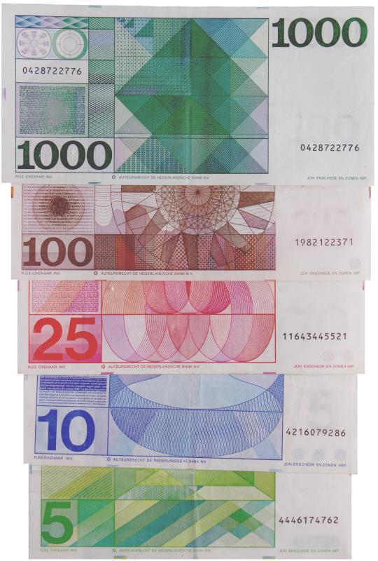 Nederland. 5/10/25/100/1000. Bankbiljet. Type 1968-1973. Vondel II/Frans Hals/Sweelinck/De Ruyter/Spinoza - Zeer Fraai +.