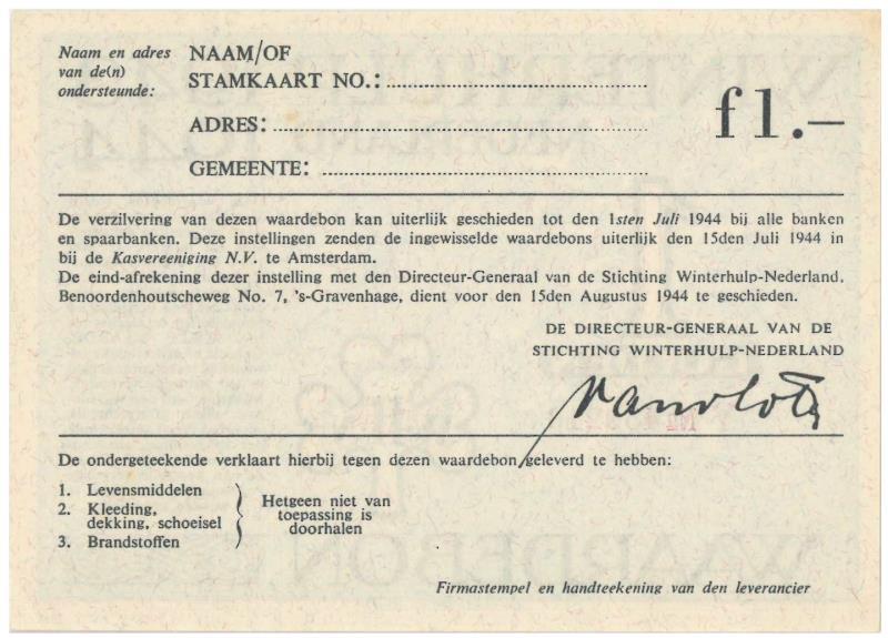 Nederland. 1 gulden. Waardebon. Type 1943-1944. - UNC.