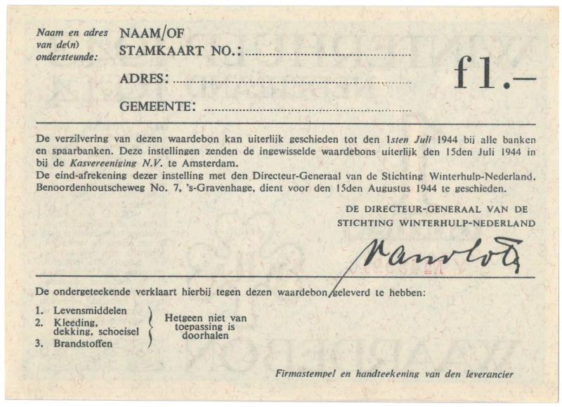 Nederland. 1 gulden. Waardebon. Type 1943-1944. - UNC.