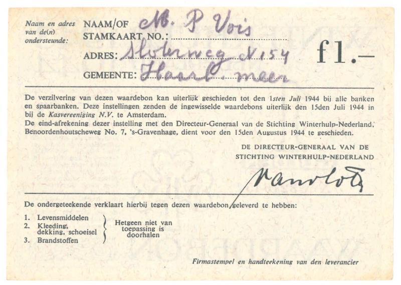 Nederland. 1 gulden. Waardebon. Type 1943-1944. - Extremely Fine.