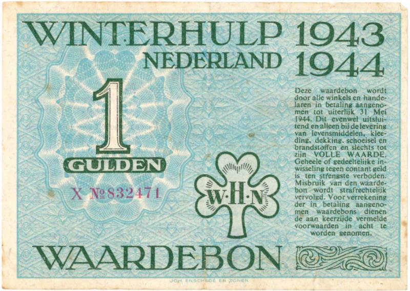 Nederland. 1 gulden. Waardebon. Type 1943-1944. - Very Fine.