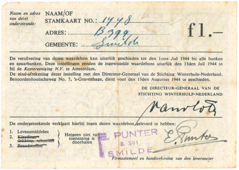 Nederland. 1 gulden. Waardebon. Type 1943-1944. - Very Fine.