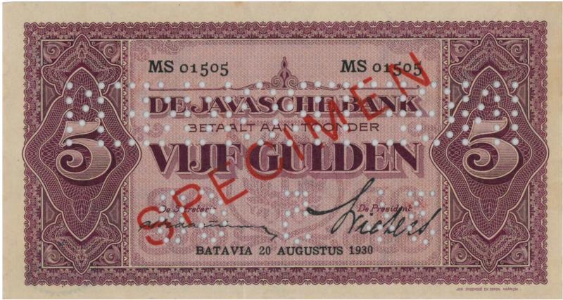 Netherlands-Indies. 5 gulden. Specimen. Type 1925. Jan Pieterszoon Coen - Extremely Fine.
