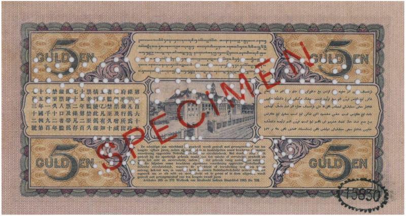 Netherlands-Indies. 5 gulden. Specimen. Type 1925. Jan Pieterszoon Coen - Extremely Fine.