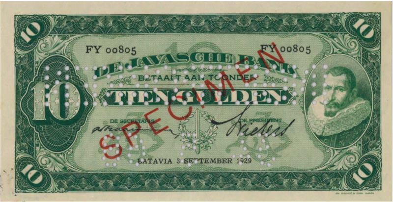 Netherlands-Indies. 10 gulden. Specimen. Type 1925. Jan Pieterszoon Coen - Extremely Fine.