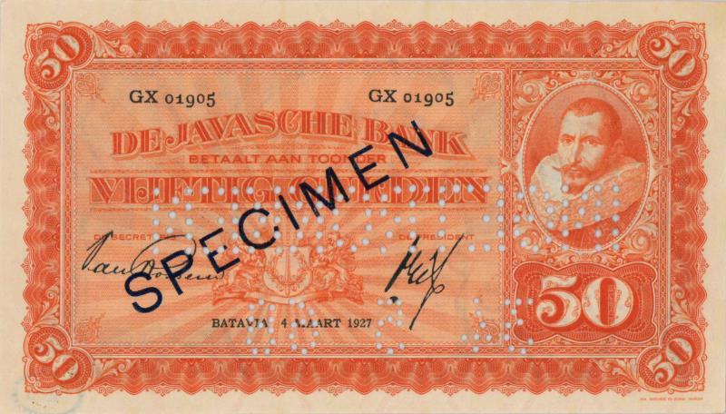 Netherlands-Indies. 50 gulden. Specimen. Type 1925. Jan Pieterszoon Coen - Extremely Fine.