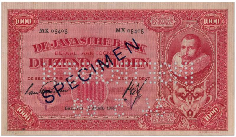 Netherlands-Indies. 1000 gulden. Specimen. Type 1925. Jan Pieterszoon Coen - Extremely Fine.