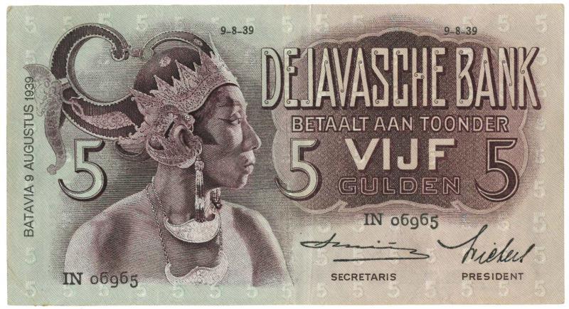 Netherlands-Indies. 5 gulden. Banknote. Type 1933. Javanese Dancers - Very Fine +.