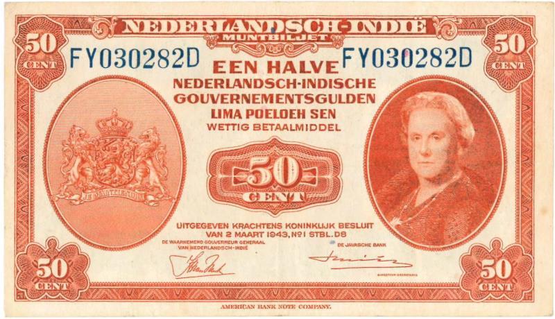 Netherlands-Indies. 50 cents. Muntbiljet. Type 1943. Wilhelmina - Very Fine +.