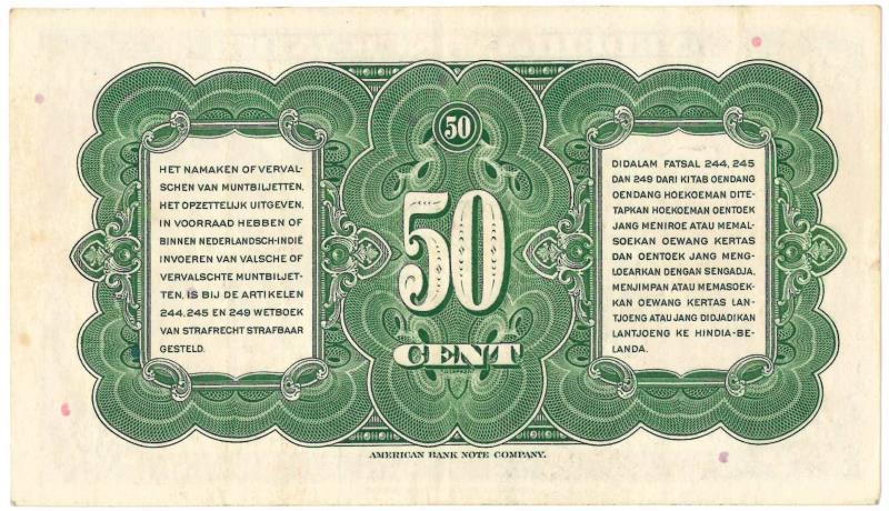 Netherlands-Indies. 50 cents. Muntbiljet. Type 1943. Wilhelmina - Very Fine +.