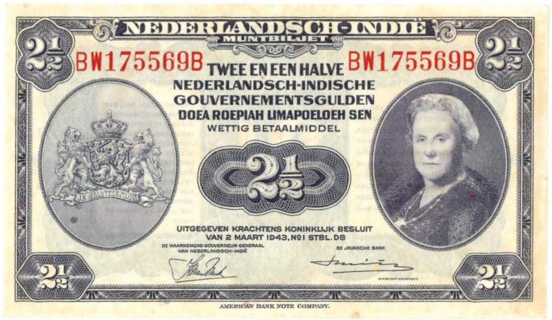 Netherlands-Indies. 2½ gulden. Muntbiljet. Type 1943. Wilhelmina - About UNC.