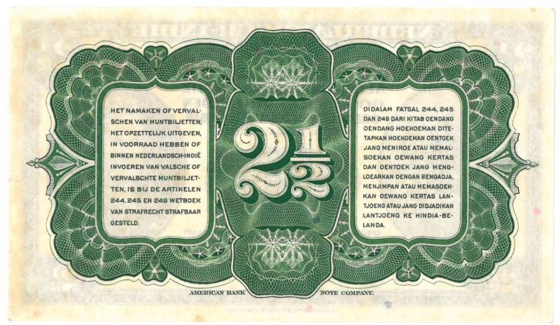 Netherlands-Indies. 2½ gulden. Muntbiljet. Type 1943. Wilhelmina - About UNC.