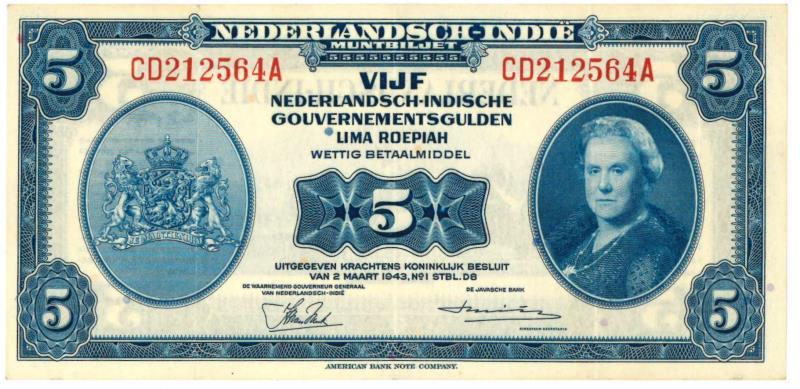Netherlands-Indies. 5 gulden. Muntbiljet. Type 1943. Wilhelmina - Extremely Fine.