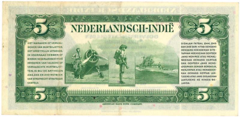 Netherlands-Indies. 5 gulden. Muntbiljet. Type 1943. Wilhelmina - Extremely Fine.