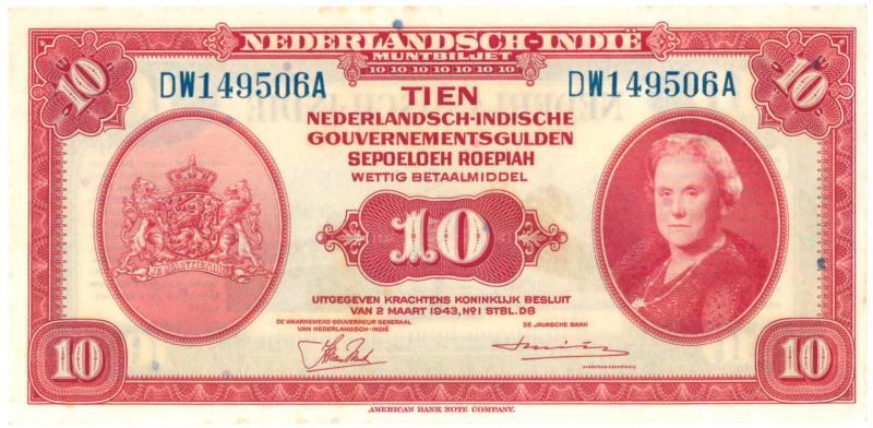 Netherlands-Indies. 10 gulden. Muntbiljet. Type 1943. Wilhelmina - UNC.
