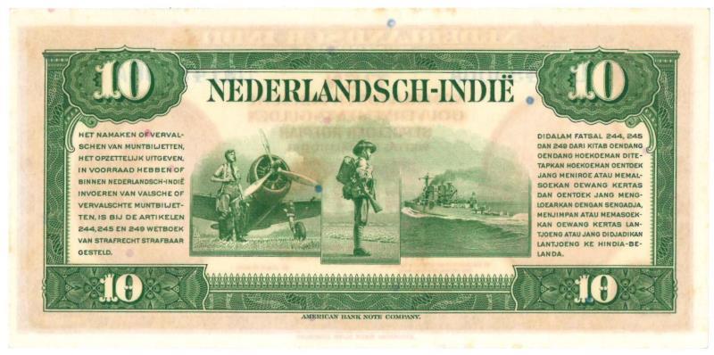 Netherlands-Indies. 10 gulden. Muntbiljet. Type 1943. Wilhelmina - UNC.