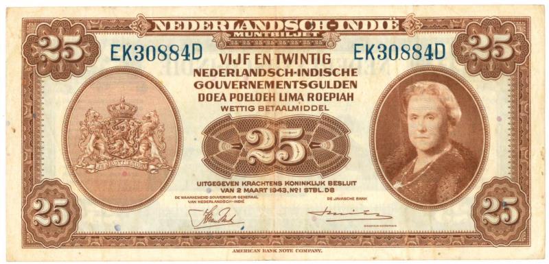 Netherlands-Indies. 25 gulden. Muntbiljet. Type 1943. Wilhelmina - Very Fine +.