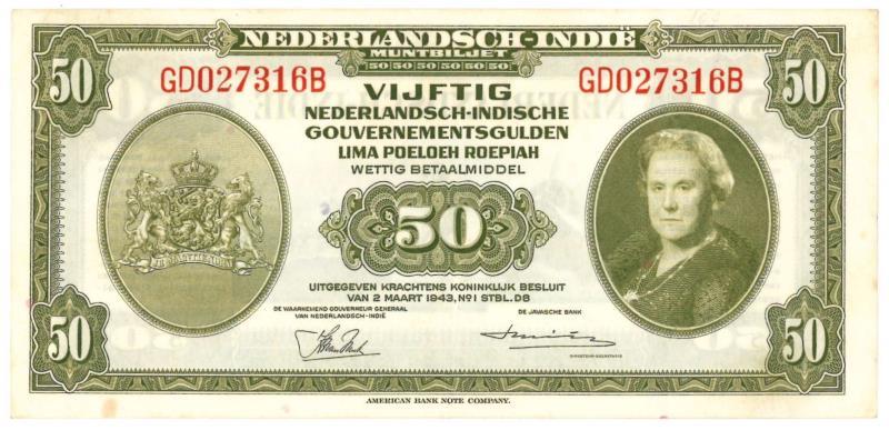 Netherlands-Indies. 50 gulden. Muntbiljet. Type 1943. Wilhelmina - Extremely Fine -.
