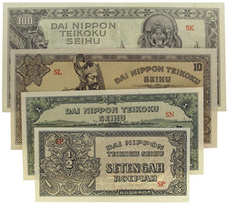 Netherlands-Indies. ½, 1, 10 and 100 roepiah. Banknotes. Type 1944. - UNC.