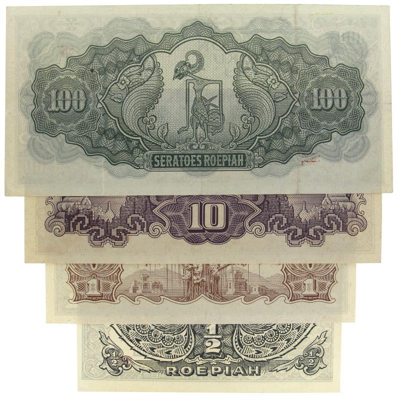Netherlands-Indies. ½, 1, 10 and 100 roepiah. Banknotes. Type 1944. - UNC.