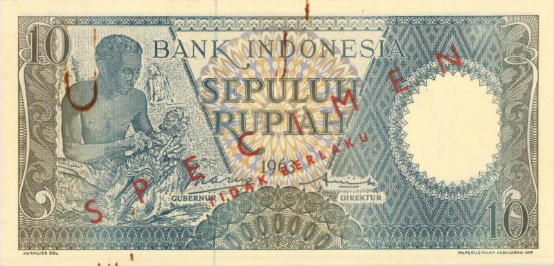 Indonesia. 10 rupiah. Specimen. Type 1963. - About UNC.