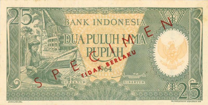 Indonesia. 25 rupiah. Specimen. Type 1964. - Extremely Fine +.