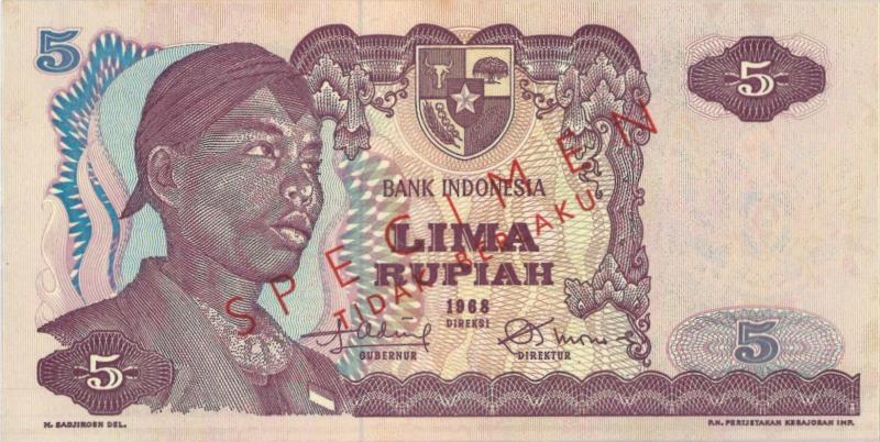 Indonesia. 5 rupiah. Specimen. Type 1968. - About UNC.