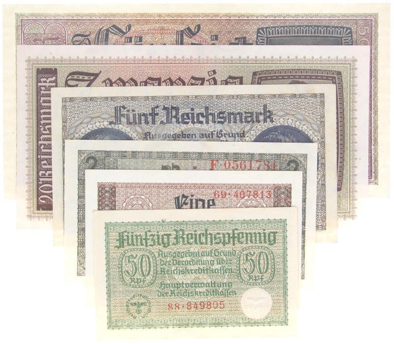 World. 50 reichspfenning, 1-20 reichsmark. Banknotes. - UNC.