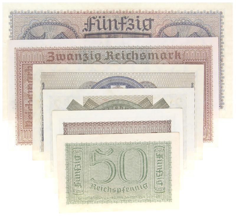 World. 50 reichspfenning, 1-20 reichsmark. Banknotes. - UNC.