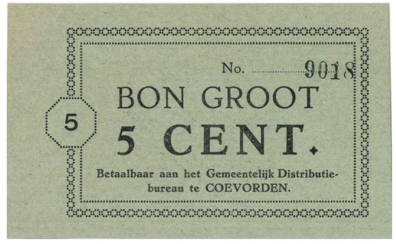 Nederland. 5 cent. Bankbiljet. Type 1914. Coevorden - Extremely Fine.