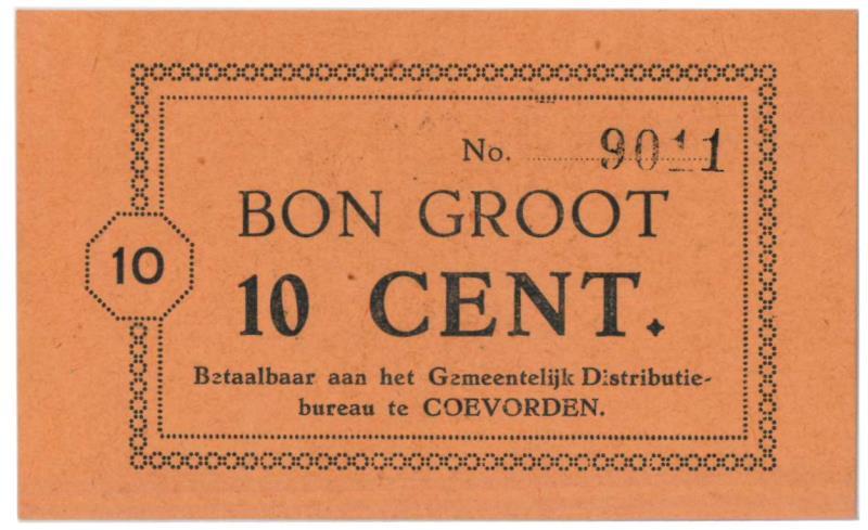 Nederland. 10 cent. Bankbiljet. Type 1914. Coevorden - Extremely Fine.