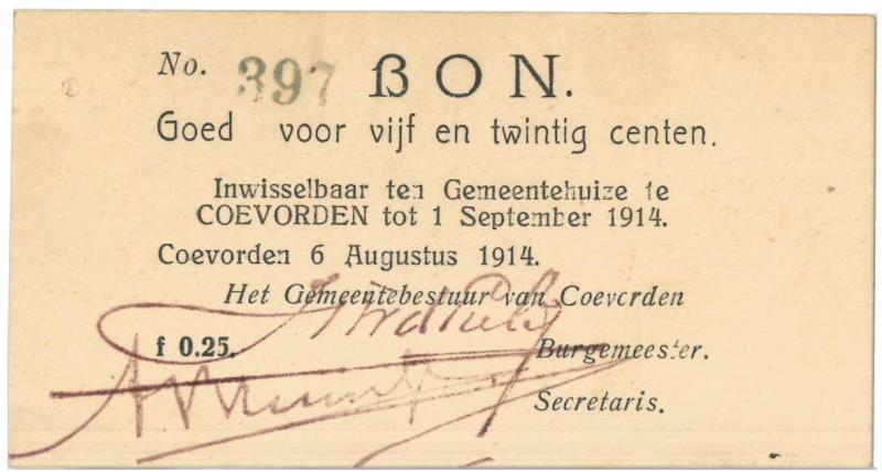 Nederland. 25 cent. Bankbiljet. Type 1914. Coevorden - Extremely Fine.