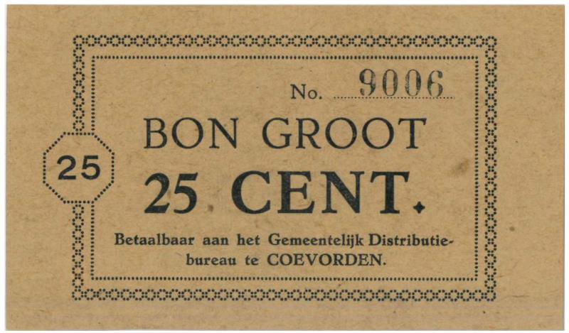 Nederland. 25 cent. Bankbiljet. Type 1914. Coevorden - Extremely Fine.