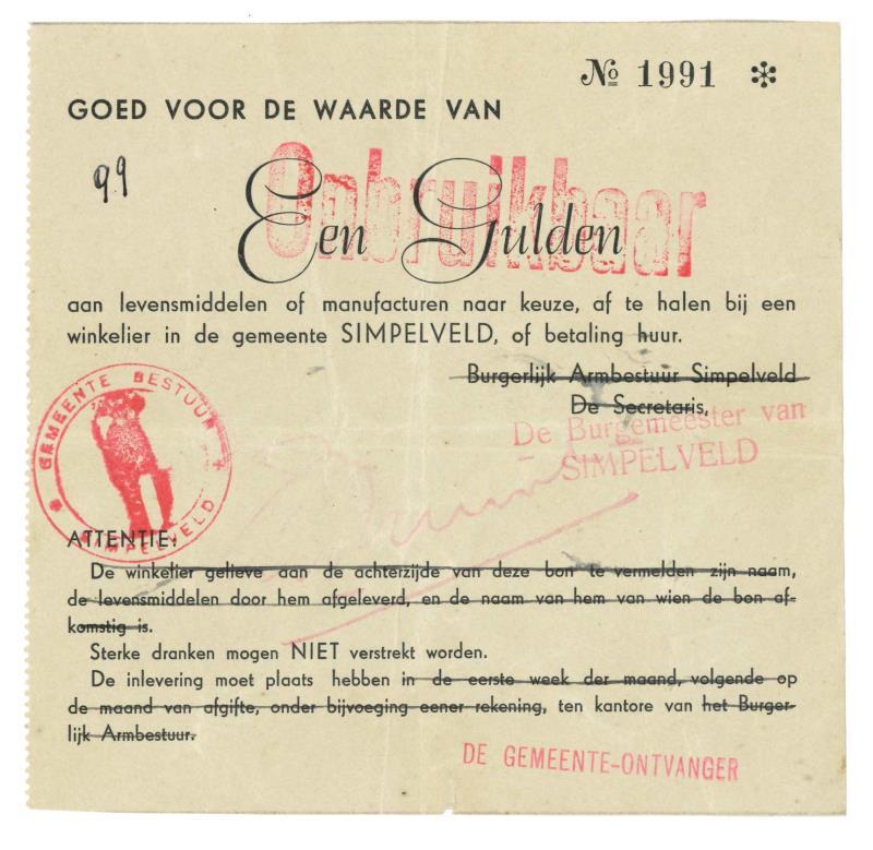 Nederland. 1 gulden. Bankbiljet. Type 1940. Simpelveld - Very Fine.