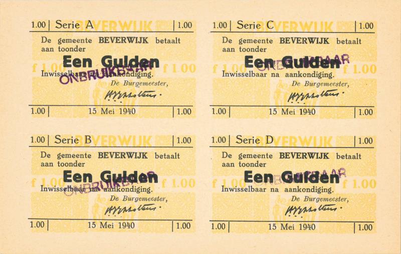 Nederland. 4x 1 gulden. Waardebon. Type 1940. Beverwijk - UNC.