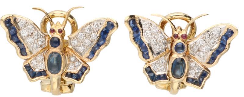 Flexibele vlinder oorbellen geelgoud, ca. 0.20 ct. diamant, saffier en robijn - 14 kt.